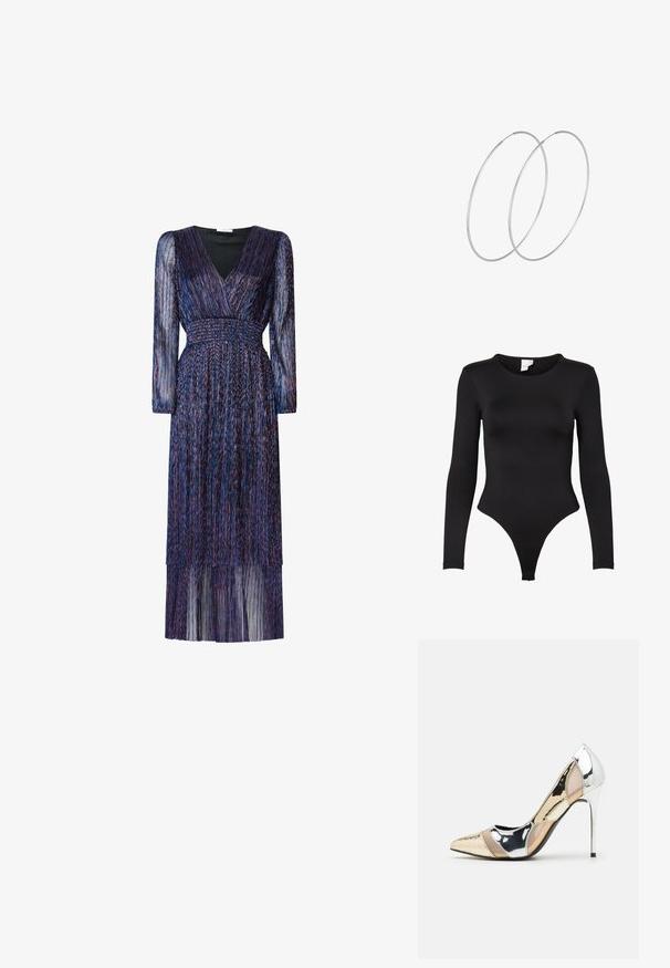 Sort langærmet bodysuit lavet af strækbart materiale. Har en rund halsudskæring og et tangabunddesign med sømløse kanter for komfort.; Lang, lilla kjole med lange, gennemsigtige ærmer og V-hals. Har en smocket talje og tierede frynse-detaljer. Stoffet har en lysende tekstur.; Spidse højhælede sko med et farveskema i sølv, guld og nude. Blank finish med udskæringsdesign, der har en stilletto hæl.; Sølvmetallic pose med en blød, rund form og en knyttet lukning foroven. Fremstillet af glat faux lædermateriale.; Sølvøreringe med et minimalistisk design. Cirkulær form, glat tekstur og tynd profil. Letvægtige med en poleret overflade.