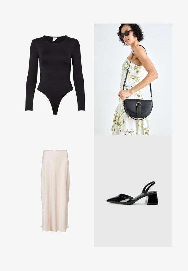 Black long-sleeve bodysuit made of stretchy fabric. Features a round neck and a thong bottom design with seamless edges for comfort.; Light beige maxi skirt made of soft, smooth fabric. Features a simple, flowing design with a slightly flared hem and no visible embellishments.; Black patent leather slingback heels with a pointed toe and a geometric block heel. Features a sleek, minimal design and smooth texture.; Black leather handbag with a curved shape, detachable strap, and gold hardware. The bag features a flap with a buckle detail.