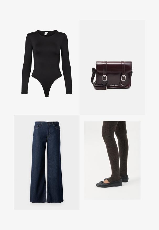 Černý bodysuit s dlouhým rukávem vyrobený z pružné tkaniny. Má kulatý výstřih a design v oblasti spodního prádla ve tvaru tanga s bezproblémovými okraji pro pohodlí.; Džínsy s širokými nohavicemi v tmavě modré barvě. Mají kontrastní švy, pět kapes a zapínání na knoflík v pase. Hladká textura.; Černé ploché boty s malou mašlí na špičce, kombinované s tmavě hnědými žebrovanými punčochami. Boty mají hladký povrch a nízký profil.; Burgundská lakovaná křížová taška obdélníkového tvaru, se dvěma popruhy, stříbrnými kovovými doplňky a klopovým uzávěrem.