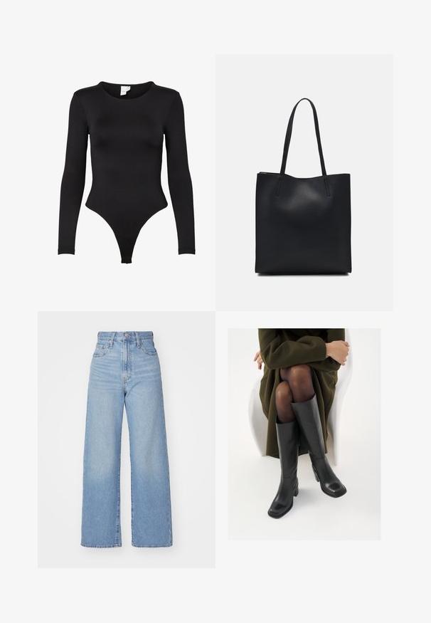 Body lungo nero in tessuto elasticizzato. Presenta un collo rotondo e un design con fondo a perizoma con bordi senza cuciture per il massimo comfort.; Jeans a vita alta blu chiaro con gamba larga, chiusura frontale con bottone e zip, tasche anteriori e posteriori, su uno sfondo bianco.; Stivali neri in pelle alti fino al ginocchio con punta squadrata e tacco a blocco, mostrati con un modello seduto in un cappotto verde oliva. Texture liscia, dettagli minimi.; Borsa tote in pelle nera con texture liscia, forma rettangolare e due manici lunghi. Nessun hardware o decorazione visibile.
