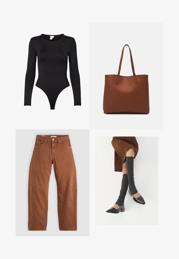 Schwarzer Langarm-Bodysuit aus dehnbarem Stoff. Verfügt über einen Rundhalsausschnitt und ein Unterteil im Tanga-Stil mit nahtlosen Kanten für zusätzlichen Komfort.; Rostbraune gerade geschnittene Jeans mit Vorder- und Hintertaschen, Metallnieten, Knopfverschluss und Gürtelschlaufen, flach auf einem weißen Hintergrund ausgelegt.; Schwarze lacklederne spitze Schuhe mit Blockabsatz und Knöchelriemen, kombiniert mit grauen gerippten Beinstulpen und einem braunen Wildlederrock.; Braune Leder-Tote mit glatter Textur, offenem Oberteil und zwei Schulterriemen. Verfügt über minimale Nähte und keine sichtbaren Beschläge.