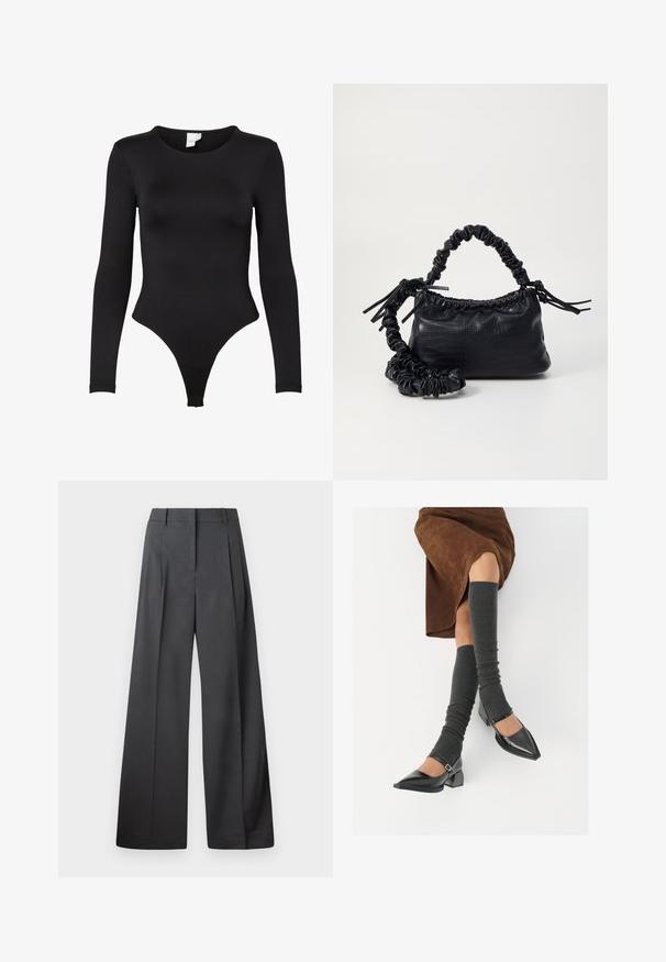 Fekete, hosszú ujjú bodi ruganyos anyagból készült. Kerek nyakkivágással és varrat nélküli szélekkel rendelkező tanga alsó résszel a kényelem érdekében.; Széles szárú nadrág sötétszürke anyagból, magas derekú, egyes redőkkel, sima textúrával és tiszta befejezéssel a szegélyeken.; Fekete lakk bőrből készült, hegyes orrú cipők, tömbsarkúakkal és bokapánttal, szürke bordás lábszármelegítőkkel és barna velúr szoknyával párosítva.; Fekete műbőr kézi táska krokodil bőr textúrával, összehúzható tetejű és gyűrt pánttal. Lágy és kompakt dizájnúnak tűnik.