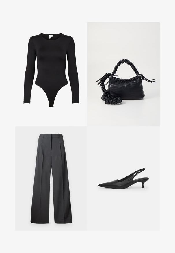 Black long-sleeve bodysuit made of stretchy fabric. Features a round neck and a thong bottom design with seamless edges for comfort.; Wide-leg trousers in dark gray fabric, featuring a high waist, single pleats, and a smooth texture with a clean finish at the hems.; Black leather slingback shoe with a pointed toe and a slim, curved heel. Features a discrete adjustable strap with a metal buckle.; Black faux leather handbag with a crocodile texture, cinched top, and a scrunched strap. Appears soft and compact in design.