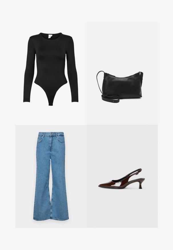 Schwarzer Langarm-Bodysuit aus dehnbarem Stoff. Verfügt über einen Rundhalsausschnitt und ein Unterteil im Tanga-Stil mit nahtlosen Kanten für zusätzlichen Komfort.; Helle blaue Schlagjeans aus Denim, mit hoher Taille, fünf Taschen und einem einzelnen Knopfverschluss. Weiche Textur mit ausgeblichener Optik.; Braune Lackleder-Slingback-Schuhe mit spitzer Zehe und moderatem Absatz. Mit einem Schnallenriemen für einen sicheren Sitz. Glatte Textur.; Schwarze Ledertasche für die Schulter mit glatter Textur, geschwungener Form, verstellbarem Tragegurt und Reißverschluss. Minimalistisches Design ohne Verzierungen.