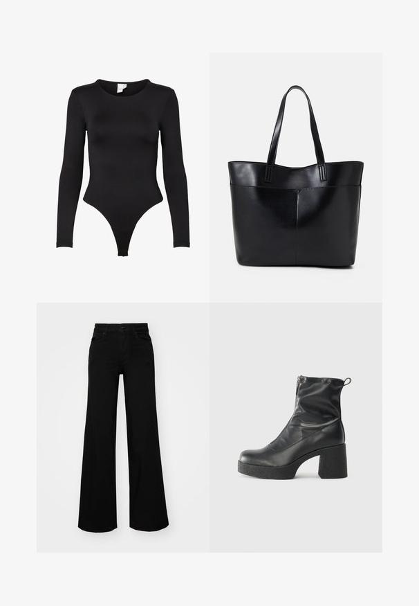 Schwarzer Langarm-Bodysuit aus dehnbarem Stoff. Verfügt über einen Rundhalsausschnitt und ein Unterteil im Tanga-Stil mit nahtlosen Kanten für zusätzlichen Komfort.; Schwarze weit geschnittene Hose aus Denim, mit einem strukturierten Bund, Gürtelschlaufen und Fronttaschen. Glatte Textur mit klassischem Design.; Schwarze Stiefeletten aus glattem Leder mit seitlichem Reißverschluss, klobigem strukturiertem Absatz und runder Zehenform.; Schwarze Leder-Shopper-Tasche mit zwei langen Griffen, einer glatten Textur und einer strukturierten Form. Verfügt über eine Vordertasche für zusätzlichen Stauraum.