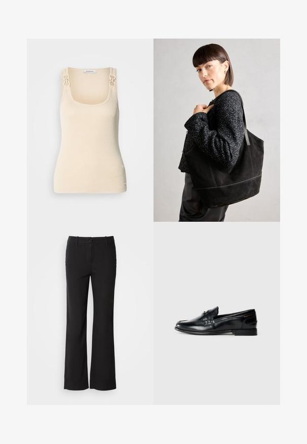 Top bej fără mâneci, dintr-un material cu textură în riburi, cu decolteu pătrat și accesorii decorative din metal auriu la bretele.; Pantaloni negri dintr-un amestec de bumbac, cu un design drept, închidere frontală cu buton și două buzunare laterale. Textură netedă, fără modele vizibile.; Loafers negri din piele, cu un design cusut, vârf rotund, toc mic și o curea decorativă. Se remarcă prin logo-ul auriu de pe lateral.; Geantă tote din suede negru, cu o textură netedă, formă structurată și cusături contrastante. Dispune de bretele lungi pentru purtare pe umăr.