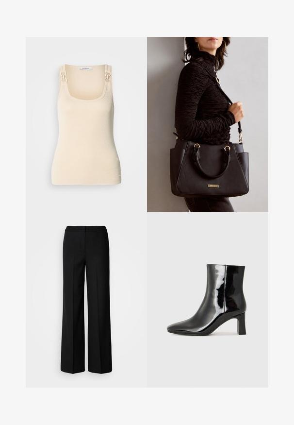 Beige ærmeløs top i ribbenstruktur med firkantet halsudskæring og dekorativt hardware i guldfarve på skulderstropperne.; Sorte brede bukser i glat stof, med høj talje, skræddersyede sømme og et minimalistisk design. Ingen synlig hardware eller lommer.; Sort lakeret ankelstøvle med spids tå og en midt-højde blokhæl. Glat tekstur og minimalistisk design.; Sort håndtaske med struktureret overflade, dobbelt topbærere og justerbar skulderrem. Udstyret med guldfarvet metalhardware og sidelommer.