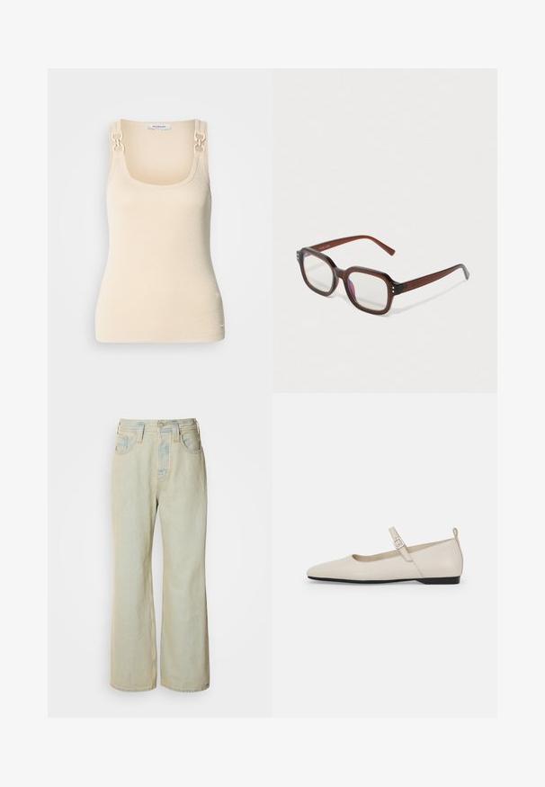 Beige ærmeløs top i ribbenstruktur med firkantet halsudskæring og dekorativt hardware i guldfarve på skulderstropperne.; Lysblå, brede bukser i denim med høj talje, fem lommer og diskret falmning med kontraststikninger.; Hvide læder Mary Jane flade sko med spids tå, sidelukning og lav sort hæl. Glat overflade og minimalistisk design.; Brune halvtransparente rektangulære briller med klare linser, svag lilla refleksion og små guld dekorative prikker i de forreste hjørner.; Sølv hoop ørestik med en poleret overflade, prydet med små guld accenter og en rund form, båret på øreflippen.