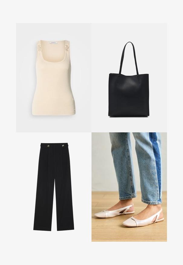 Bež majica bez rukava u rebrastoj teksturi s kvadratnim izrezom i dekorativnim zlatnim detaljima na naramenicama.; Crne hlače širokih nogavica s visokim strukom, s dugmadi na pojasu i prednjim nabora.; Svijetlo ružičaste slingback balerinke s šiljastim vrhom, izrađene od glatkog materijala nalik koži. Sadrže izrezane detalje sa strane i ravnu petu.; Crna kožna torba za nošenje s glatkom teksturom, pravokutnim oblikom i dvije duge ručke. Nema vidljivih metalnih dijelova ili ukrasa.