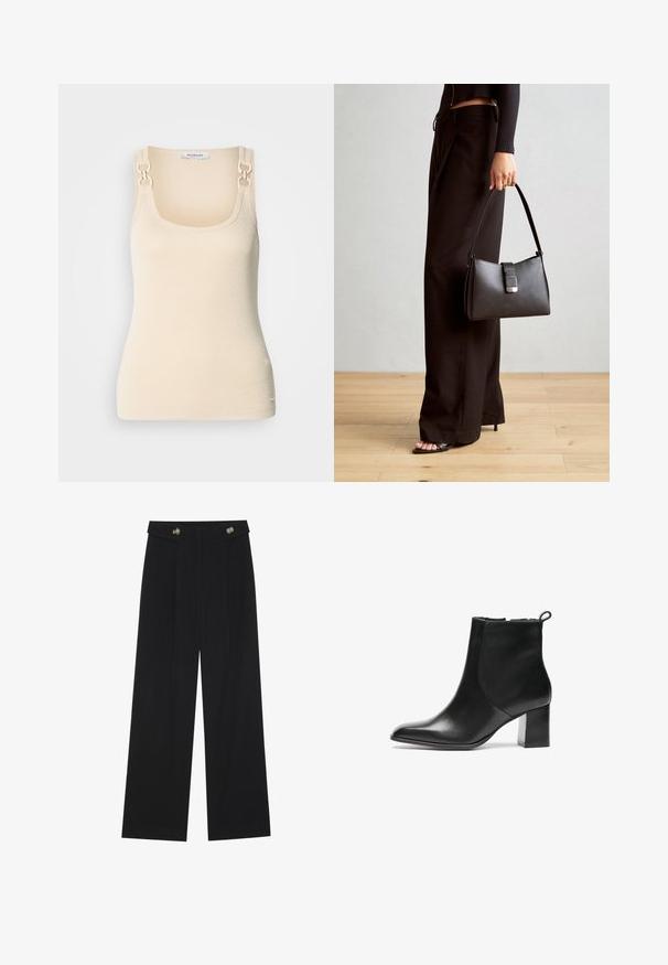 Top senza maniche beige in tessuto a coste con scollatura quadrata e hardware decorativo in tonalità dorata sulle bretelle.; Pantaloni neri a gamba larga con vita alta, dettagli con bottoni in vita e pieghe frontali.; Stivale alla caviglia in pelle nera con punta arrotondata, tacco largo di media altezza e linguetta sul retro. Texture liscia, design minimale.; Borsa nera con forma strutturata, texture liscia e una chiusura metallica. Abbinata a pantaloni neri larghi e sandali open-toe su un pavimento in legno.