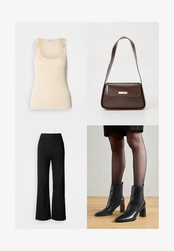 Beige ilma varrukatega topp ribitud tekstuuriga, ruudukujulise kaelusega ja dekoratiivsete kuldtooniliste detailidega õlapaeladel.; Mustad laiad püksid sujuva tekstuuriga, kõrge vöökoht ja puhas disain. Ei ole nähtavaid taskuid ega dekoreerimist.; Mustad mustad jalanõud terava ninaga, paksu ruudukujulise kontsaga ja saleda disainiga. Omavad elastseid külgpaneele mugavaks selga tõmbamiseks.; Pruun nahast õlalina, millel on struktureeritud kuju, magnetist klapiga sulgemine ja esiküljel metallne logo aksessuaar.; Kuldsete rõngaskõrvarõngaste tekstuuriga, ebakorrapärane kuju. Omab sujuvat lukustust ja poleeritud pinnatöötlust, rõhutades kaasaegset disaini.