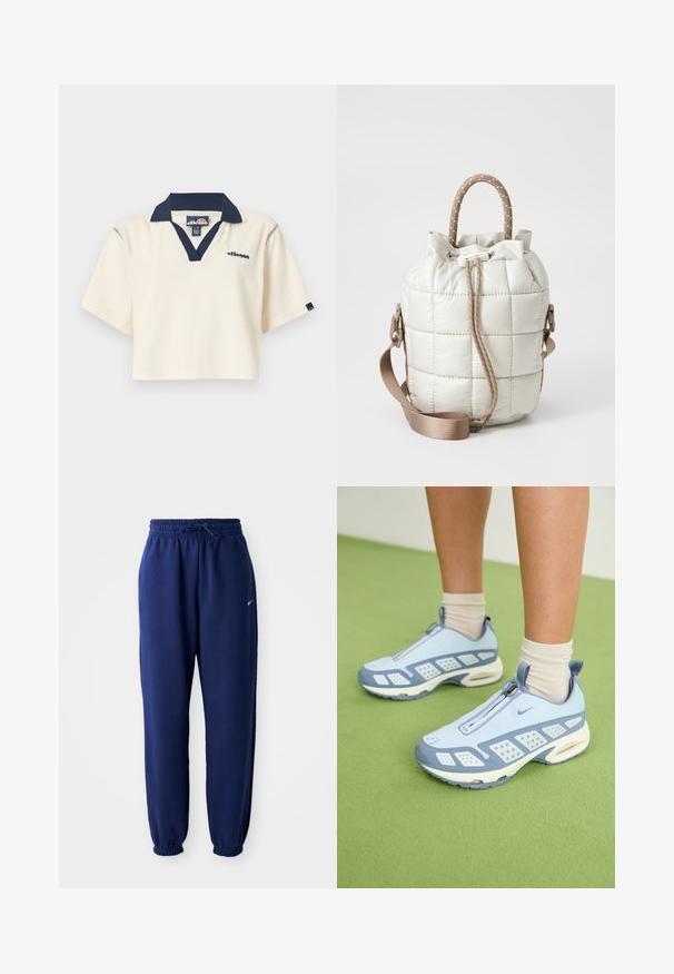 Korte ermers, kremfarget polo-skjorte laget av mykt stoff, med marineblå krage og logo på venstre bryst. Kuttet design med strukturerte kanter.; Mørkeblå joggebukser laget av mykt stoff, med elastisk linning med snøring, elastiske mansjetter og en liten hvit logo.; Lyseblå treningssko med hvite detaljer, strukturerte paneler og glidelås. Har en synlig luftputesåle og gummisåle.; Quiltet lys beige veske med snøring i toppen, med en flettet håndtak og avtagbar stropp. Glatt tekstur med myk glans.