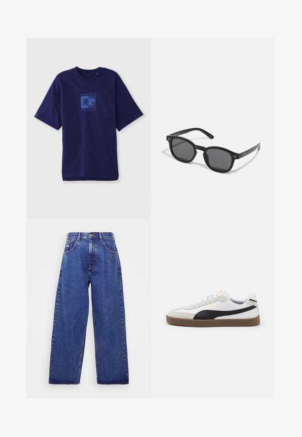 Camiseta de algodón azul marino de mangas cortas, con un gráfico azul de un oso y el texto "PENFIELD MASSACHUSETTS" en forma de cuadrado en la parte delantera.; Jeans de denim azul de pernera ancha con una cintura alta, que cuentan con cinco bolsillos, un cierre de botón y un ligero desgastado para dar textura.; Zapatilla de piel blanca con acento de ante negro, puntera redonda, suela plana de goma marrón y logo dorado en relieve en el lateral. Cordones y cuello acolchado.; Gafas de sol ovaladas negras con lentes oscuros, montura gruesa y acentos de puntos plateados a los lados. Material de plástico suave, diseño contemporáneo.