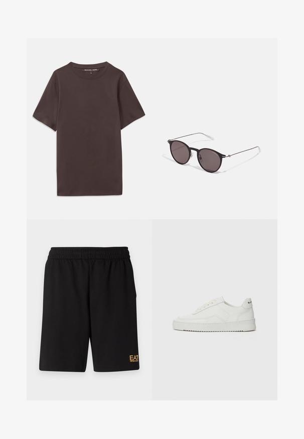 Barna, rövid ujjú póló, puha pamutból készült, kerek nyakkal és címkével a gallérnál. Simább textúrájú, egyszerű dizájn.; Fekete sportnadrág puha anyagból, rugalmas derékkal és egy kis sárga EA7 logóval a bal alsó lábszáron.; Fehér bőr sportcipő sima felülettel, kerek orral, lapos fűzőkkel és texturált talppal. Finom logó található a sarokon.; Fekete kerek napszemüveg sötét lencsékkel és karcsú fém szárakkal. Átlátszó szárvégeket és ezüst részleteket tartalmaz az ívnél. Minimalista dizájn.
