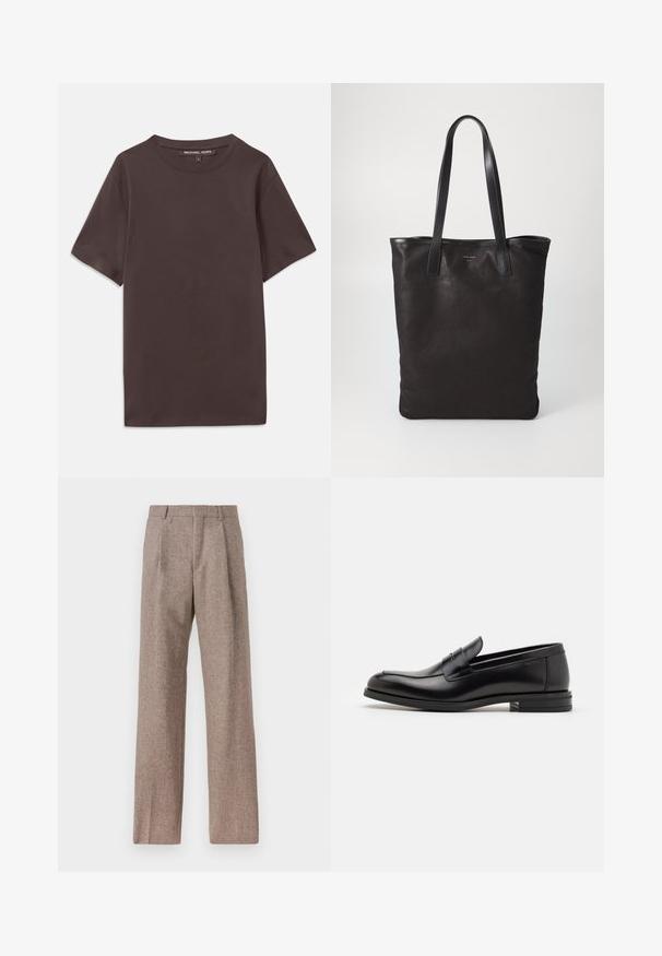 Brown short-sleeve t-shirt made of soft cotton, featuring a round neck and a label at the collar. Smooth texture, simple design.; Brown, high-waisted trousers made of textured fabric. Features wide legs and two front pleats for structure. Neat finish with no visible hardware.; Black leather loafers with a smooth texture, rounded toe, and a decorative strap across the vamp. Low stacked heel, minimalist design.; Black canvas tote bag with black leather handles. Simple design, spacious body, and a smooth texture. No visible logos or patterns.
