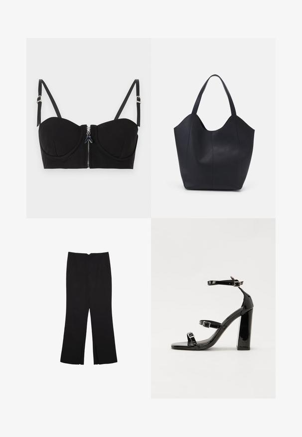 Svart vadderad bh med dragkedja fram, med justerbara axelband och en slät yta. Designen inkluderar subtila sömnadsdetaljer.; Svarta byxor med rak passform, utrustade med framfickor och sidoklyvningar vid fållen. Tillverkade av mjukt, slätt tyg. Lämpliga för olika tillfällen.; Svarta lackerade klacksandaler med fyrkantig tå, ankelremmar och silverfärgade spännen. Har en kraftig blockklack för stabilitet.; Svart tote-väska i slät läder, med en böjd, öppen topp, två axelremmar och en minimalistisk design.
