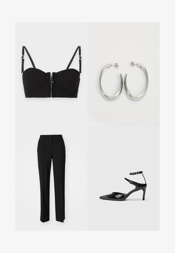 Must mustaga rinnahoidja, mille esiküljel on tõmblukk, reguleeritavad rihmad ja sile tekstuur. Kujunduses on peened õmblustekstid.; Mustad ja sirged püksid, millel on sile tekstuur ja teravad voldid esiosas. Ilma nähtavate detailideta.; Mustad nahast mustad kontsad terava ninaga, reguleeritavate pahkluu rihmade ja õhukese kontsaga. Sile tekstuur läikiva viimistlusega.; Hõbe rõngas kõrvarõngad, millel on sujuv ja kõver kuju. Omab läikivat metallist viimistlust ja nupuga sulgemist. Pole nähtavaid mustreid ega aksessuaare.