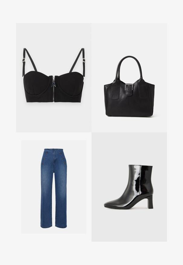 Sutiã acolchoado preto com fecho frontal em zíper, apresentando alças ajustáveis e uma textura suave. O design inclui detalhes de costura discretos.; Calças de ganga de cintura alta em azul médio. Apresentam detalhes com botões na frente e um design de perna larga. O tecido tem uma textura suave com um ligeiro desbotamento.; Botim de tornozelo em pele sintética preta com bico apontado e salto bloco de altura média. Textura suave e design minimalista.; Bolsa tote de couro preta com textura suave, forma estruturada, duas alças e um destaque prateado proeminente na parte da frente.