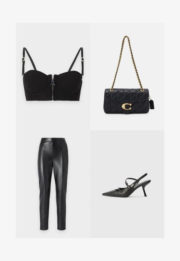 Sort polstret bh med lynlås foran, der har justerbare stropper og en glat tekstur. Designet inkluderer diskrete syninger.; Sorte læderbukser med et tætsiddende design og glat tekstur. Har strukturerede sømme langs siderne og en taljeånd for en skræddersyet pasform.; Sorte læder slingback hæle med spids tå, slank hæl og dekorativ spænde detalje på vampen. Glat tekstur og strømlinet design.; Sorte kviltet håndtaske med en guldkæde-rem, der har en markant guldkrog og et lille mærke, som viser en struktureret læderoverflade.
