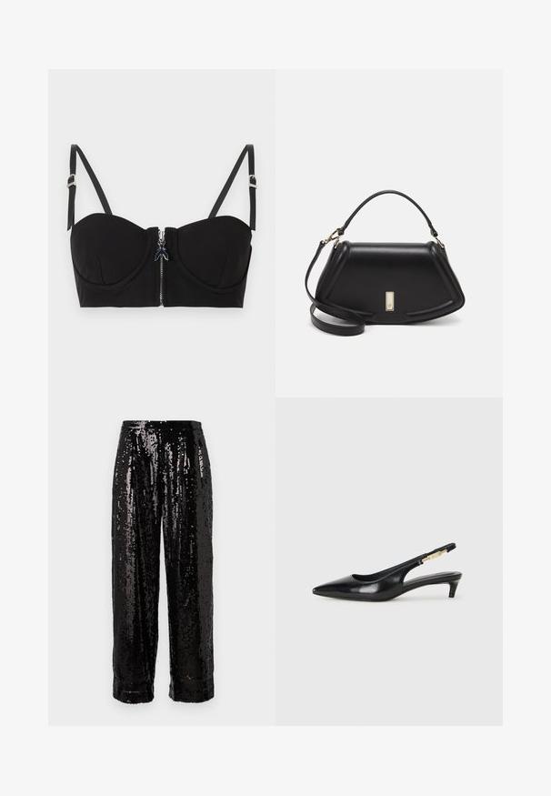Fekete párnázott melltartó, elöl cipzárral, állítható pántokkal és sima textúrával. A dizájn finom varrási részleteket tartalmaz.; Lepke mintás fekete nadrág széles lábakkal, fényes, tükröződő felületekkel és sima textúrával, letisztult szegéssel.; Fekete bőr slingback magassarkúk, hegyes orral, vékony sarkakkal és arany színű részlettel a állítható pánton. Simа felület.; Fekete bőr kézitáska, strukturált dizájnnal, rövidített formával, felső fogantyúval és arany színű kiegészítőkkel. Állítható vállpánt is tartozik hozzá.