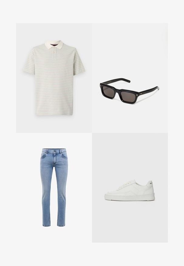 Pruhovaná polo košile ve světlé béžové barvě s pastelovými vodorovnými pruhy. Obsahuje solidní bílý límec a rozepínání na dva knoflíky. Krátké rukávy.; Svetle modré džíny z denimu s úzkým střihem, pět kapsami a rovnými nohavicemi. Obsahují zip a poutka na opasek. Měkká textura.; Bílé kožené tenisky s hladkým povrchem, kulatou špičkou, plochými tkaničkami a texturovanou podrážkou. Na patě se nachází nenápadné logo.; Černé obdélníkové sluneční brýle s tmavými skly, silným plastovým rámem, zlatými akcenty na spáncích a vyrytým logem značky na nožičce.