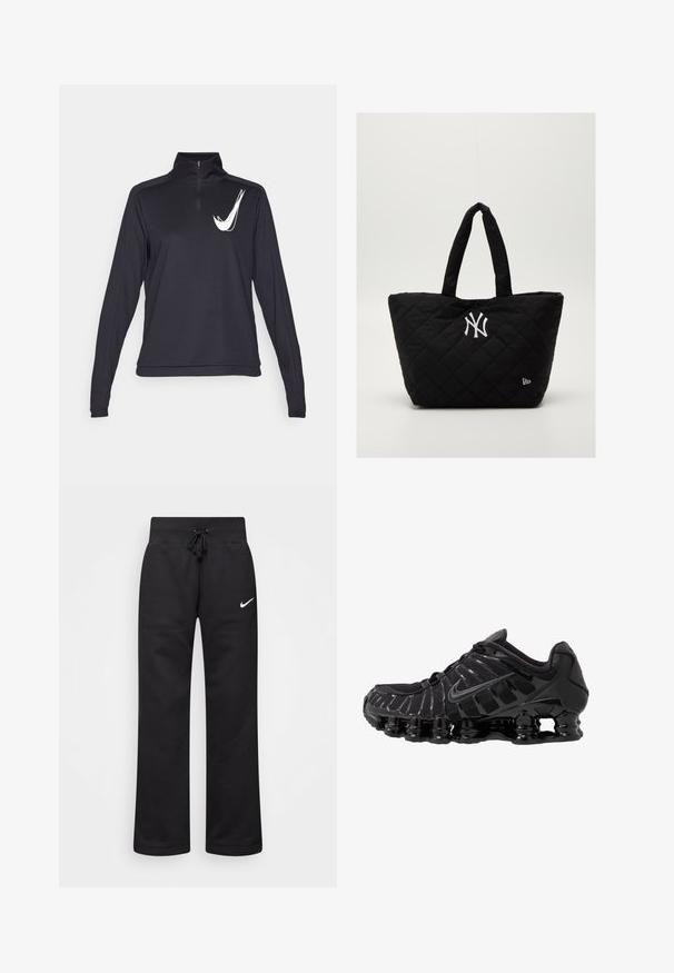 Sort langærmet sweatshirt med kvart lynlås og hvidt logo. Fremstillet af blødt, strækbart stof med en afslappet pasform og flade sømme.; Sorte sweatpants lavet af en bomuldsblanding, med en snøre i taljen, lige ben og et hvidt Nike-logo på venstre side.; Sort atletisk sko med mesh-overdel og glatte overlays. Har buet spiralbøsningsdæmpning og strukturerede linjer på siden. Nike-logoet er synligt.; Quiltet sort tote bag med dobbelte håndtag, med et hvidt New York Yankees-logo og et lille brandemblem på siden.