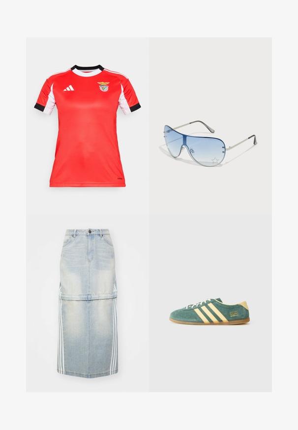 Camisola atlética vermelha com mangas curtas brancas e detalhes em preto. Apresenta o logótipo do Benfica no peito. Feita de tecido respirável.; Saia midi de ganga em azul claro, com riscas laterais, uma cintura ajustada e bolsos frontais. A textura desgastada adiciona detalhe.; Sapato de camurça verde com detalhes amarelos e três riscas. Bico arredondado, sola de borracha plana e logo da marca em destaque na lateral.; Óculos de sol aviador com lentes azuis em degradê, armação metálica prateada e detalhes decorativos de estrelas nas lentes. Design suave e elegante.
