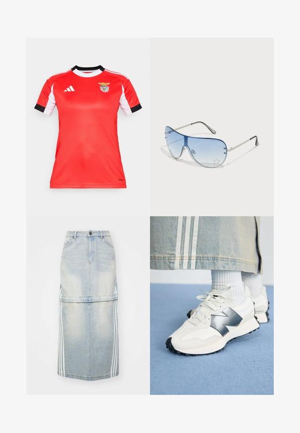 Czerwona koszulka sportowa z krótkimi białymi rękawami i czarnymi akcentami. Na piersi znajduje się logo Benfiki. Wykonana z oddychającego materiału.; Jeansowa spódnica midi w jasnoniebieskim kolorze, z bocznymi paskami, dopasowanym pasem i kieszeniami z przodu. Zniszczona tekstura dodaje szczegółów.; Białe sportowe trampki z metalicznym akcentem, teksturowana tkanina i gładka skóra; z czarną gumową podeszwą i sznurowadłami.; Okulary przeciwsłoneczne typu aviator z gradientowymi niebieskimi szkłami, srebrną metalową oprawą oraz dekoracyjnymi akcentami w kształcie gwiazdek na soczewkach. Gładki i elegancki design.