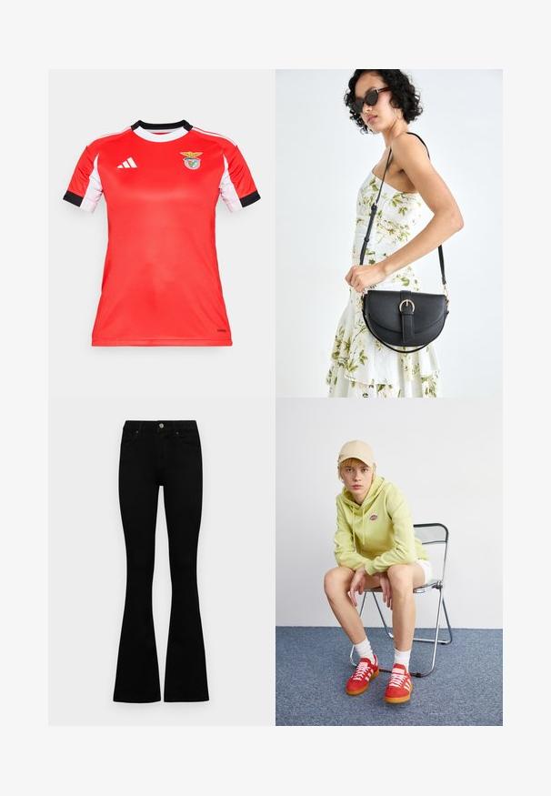 Červený športový dres s krátkymi bielymi rukávmi a čiernymi akcentmi. Na hrudi sa nachádza logo Benficy. Vyrobené z priedušného materiálu.; Čierne vysoké nohavice s gombíkom a zipsom, predné vrecká a rozšírené nohavice položené na bielom pozadí.; Svetlozelená mikina s logom, biele šortky, červené tenisky s bielymi pruhmi, sediaca na chrómovej skladacej stoličke proti neutrálnemu pozadiu.; Čierna kožená kabelka s zaobleným tvarom, odnímateľným popruhom a zlatými doplnkami. Kabelka má klopu s detailom s prackou.