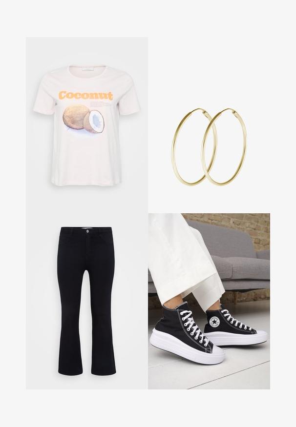 Hele roosa puuvillane T-särk, millel on pruun ja sinine kookospähkli graafika ning julge oranž "Kookospähkel" tekst. Lühikesed varrukad, ümmargune kaelus.; ONLY Carmakoma CARTHUNDER PUSH UP - Alt laienevad teksad - black denim; Mustad kõrge säärega tossud valgete kummist tallade ja paeltega. Omad ümmargust logomärki ja kontrastset valget õmblust. Materjaliks lõuend.; Kuldne rõngaskõrvarõngad, millel on sujuv ja ümar disain, ning läikiv viimistlus. Kerge konstruktsioon koos kindla klambriga.