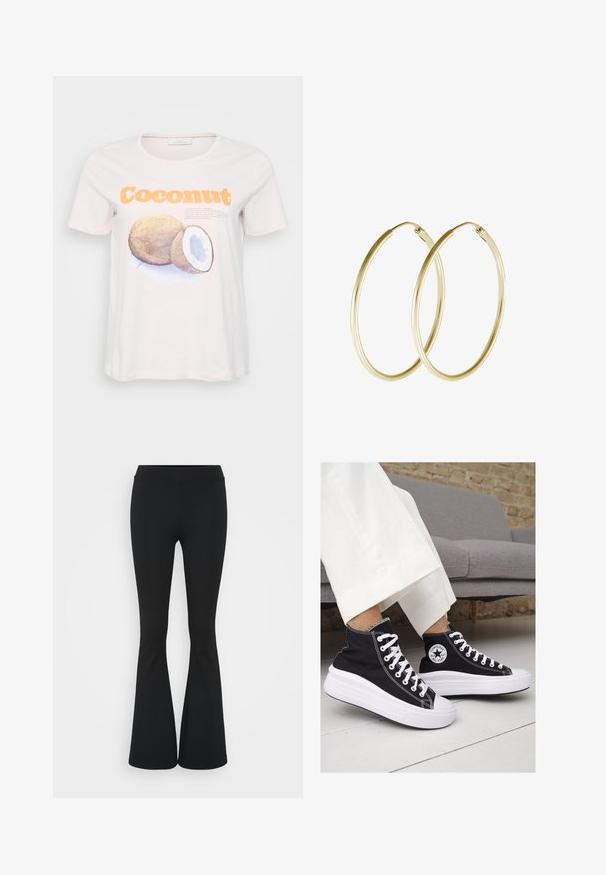 Světle růžové bavlněné tričko s grafickým motivem kokosu v hnědé a modré barvě, s textem "Coconut" v tučném oranžovém písmu. Krátké rukávy, kulatý výstřih.; Černé zvonové kalhoty vyrobené z elastického materiálu, s vysokým pasem a hladkou texturou. Kalhoty se rozšiřují od kolene.; Černé vysoké plátěné tenisky s bílými gumovými podrážkami a tkaničkami. Na boku mají kulaté logo a kontrastní bílé švy.; Zlaté kruhové náušnice s hladkým, zaobleným designem a lesklým povrchem. Lehké provedení s bezpečným zapínáním.