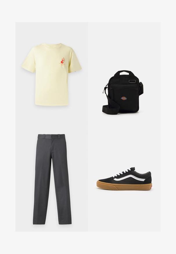 Light yellow cotton t-shirt with a crew neck and short sleeves; features a red graphic of an ice cream cup on the left chest.; Gray trousers made of smooth fabric, featuring a straight-leg design, button closure, and belt loops; minimal seams and no patterns.; Black suede sneakers with white side stripe, white laces, and gum rubber sole. Classic low-top design with textured accents and rounded toe.; Black crossbody bag with a zippered pocket, rectangular shape, made of fabric, featuring a logo patch on the front, adjustable shoulder strap.