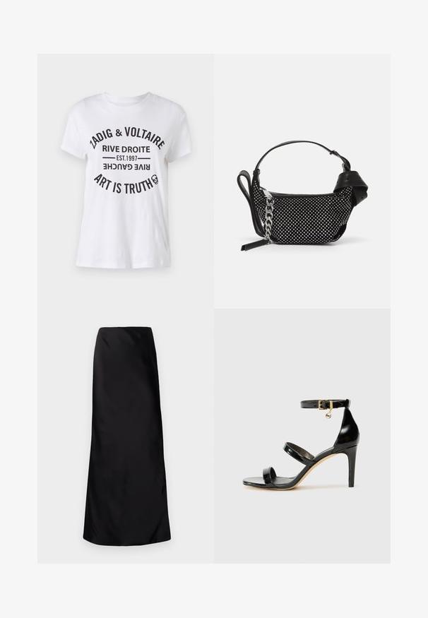 Bílý bavlněný tričko s výrazným černým textem obsahujícím název značky, lokaci, rok založení a slogan v kruhovém uspořádání. Kulatý výstřih.; Norma Kamali BIAS OBIE SKIRT - Maxi sukně - black; Černé lakované kožené sandály se třemi pásky, sponou na kotníku a 10 cm jehlovým podpatkem. Obsahují zlaté kovové detaily a logo přívěsek.; Černá kabelka s cvočky, řetízkem a hladkým koženým držadlem, kulatého tvaru a se zipovou kapsou.