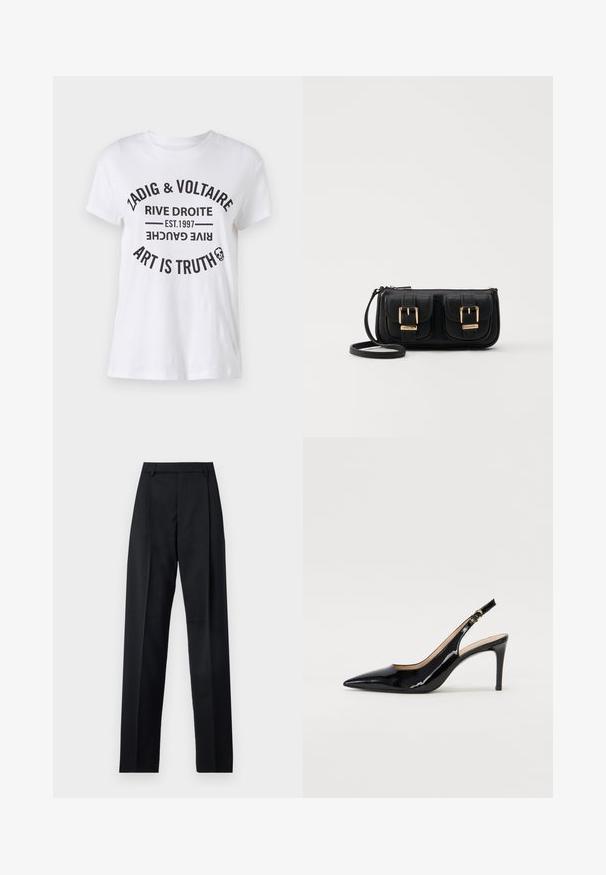 Tricou alb din bumbac cu text negru îndrăzneț, reprezentând numele brandului, locația, anul înființării și sloganul, aranjate într-un format circular. Guler rotund.; Pantaloni negri dintr-un material neted, cu talie înaltă, picioare largi, pliuri frontale și loop-uri clasice pentru curea. Fără buzunare laterale vizibile.; Pantofi slingback din piele patent neagră, cu vârful ascuțit, tocul subțire și un design discret cu decupaj. Se evidențiază printr-un cataramă aurie pe curea.; Geantă neagră din piele, tip crossbody, cu două buzunare frontale, catarame aurii, închidere cu fermoar și o curea subțire. Suprafață texturată și formă rectangulară compactă.