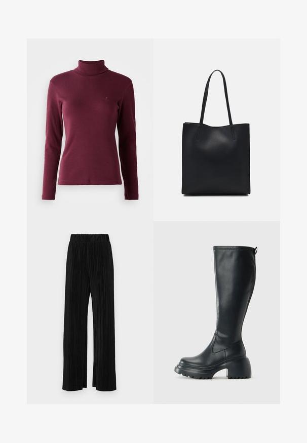 Burgundi színű, hosszú ujjú garbó pulóver bordás anyagból, szűkített fazonnal, elöl egy kis, hímzett logóval.; Fekete pliszírozott nadrág gumis derekkal. Széles lábakkal rendelkezik, sima, texturált anyagból készült, függőleges csíkokkal.; Magas fekete bőrcipő, vastag platform talppal és blokk sarokkal, húzófüllel és texturált profillal az outsole-on.; Fekete bőrtáska sima felszínnel, téglalap alakú, két hosszú füllel. Nincs látható fémkiegészítő vagy díszítés.