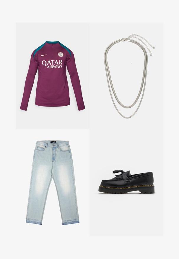 Paarse sporttrui met lange mouwen en een halve rits kraag. Voorzien van teal schouderaccenten en het 'QATAR AIRWAYS' logo in het goud. Nike-embleem op de borst.; Pegador BARROW - Wijde jeans - sand washed blue; Zwarte leren loafers met een franjesaccent, voorzien van een dikke zwarte zool en gele stiksels langs de rand. Gevoelige afwerking.; Driedelige zilveren metalen halsketting met slanke, flexibele kettingen met een lichte glans, beveiligd met een karabijnhaak en een verstelbare ketting.