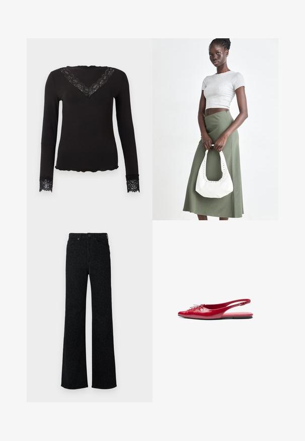 Čierny dlhý rukáv top s čipkovým V-výstrihom a čipkovými manžetami, oblúkovým lemom, priliehavý silueta na jednoduchom pozadí.; Čierne džínsy s vysokým pásom a jemným leopardím vzorom, rovné široké nohavice, predný gombík a vrecká.; Červené kožené slingback ploché topánky s š piatym prstom a dekoračným šnurovaním vpredu, s úzkym členkovým pásom a plochou podrážkou.; Sivý pruhovaný crop top a olivovo zelená sukňa s vysokým pásom. Model drží bielu ramennú tašku s vyrezávanými detailmi. Jednoduchý dizajn, priliehavý strih.