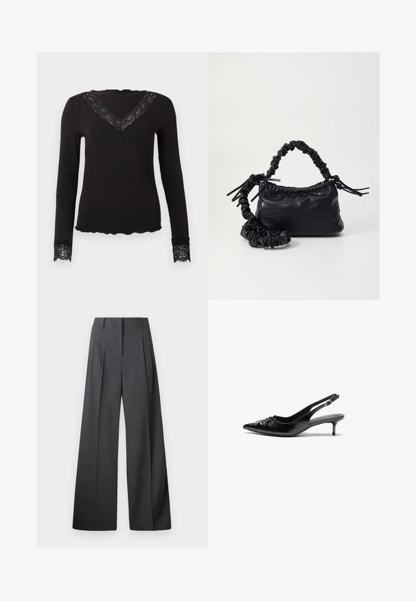 Crna majica dugih rukava s čipkastim V-izrezom i čipkastim manžetama, valovitim rubom, uskog kroja na jednobojnoj pozadini.; Hlače širokih nogavica u tamnosivoj tkanini, s visokim strukom, jednim naborom i glatkom teksturom s urednim završetkom na rubovima.; Crne kožne sandale na petu s ikkrenim nosom, malom kitten petom i dekorativnom mašnom sprijeda. Glatka tekstura svuda.; Crna torba od umjetne kože s teksturom krokodila, s cinčanim vrhom i naboranom trakom. Izgleda mekano i kompaktno u dizajnu.