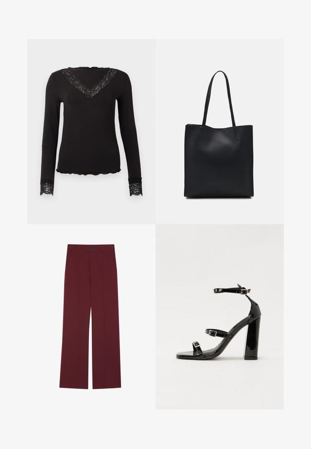 Schwarzes Langarmoberteil mit Spitzen-V-Ausschnitt und Spitzenbündchen, gewellter Saum, figurbetonte Silhouette auf einfarbigem Hintergrund.; Bordeauxfarbene Hose mit weitem Bein, ausgestattet mit einem Knopfverschluss, zwei seitlichen Taschen und Falten auf der Vorderseite. Glatte Stoffoberfläche.; Schwarze patentierte Sandalen mit Absatz, quadratischer Spitze, Knöchelriemen und silbernen Schnallen. Mit einem stabilen Blockabsatz für mehr Stabilität.; Schwarze Laptoptasche aus Leder mit glatter Textur, rechteckiger Form und zwei langen Griffen. Keine sichtbaren Beschläge oder Verzierungen.