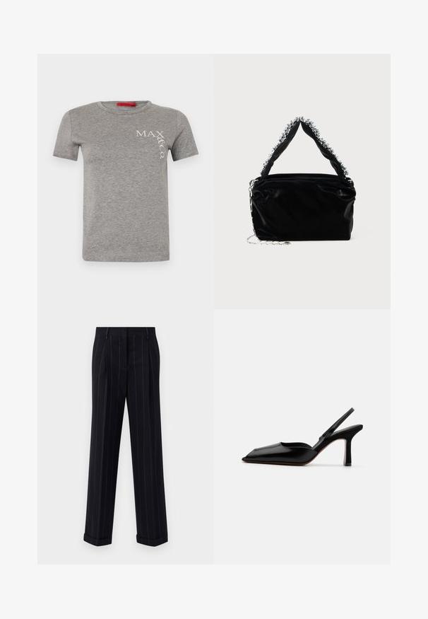 Gray cotton t-shirt with a crew neck, short sleeves, featuring a white logo "MAX&Co." in a diagonal font on the left side.; Black pinstriped trousers with a tailored fit, featuring a cuffed hem and front pleats. Made of smooth fabric with a structured design.; Black leather slingback heel with a pointed toe, minimalist design, thin ankle strap, and a sleek stiletto heel. Smooth texture.; Black faux leather handbag with a textured finish, featuring a beaded silver accent along the top handle and a chain strap.