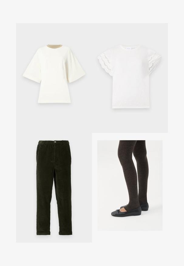 Yli suuri valkoinen puuvillapaita, jossa on pyöreä beige kaulus ja lyhyet hihat, ja se on sileä ja pehmeä; Valkoinen t-paita, jossa on lyhyet, aaltoilevat hihat ja silkkiverkkoaukkoja. Pehmeä kangas, pyöreä kaula-aukko ja yksinkertainen muotoilu ilman lisäkoristeita.; Tummanvihreät samettihousut, joissa on tekstuuripinta, joustava vyötärö, etutaskut ja kapenevat lahkeet.; Mustat matalat kengät, joissa on pieni nauha varpaissa, yhdistettynä tummanruskeisiin ribattuisiin sukkahousuihin. Kengissä on sileä pinta ja matala profiili.