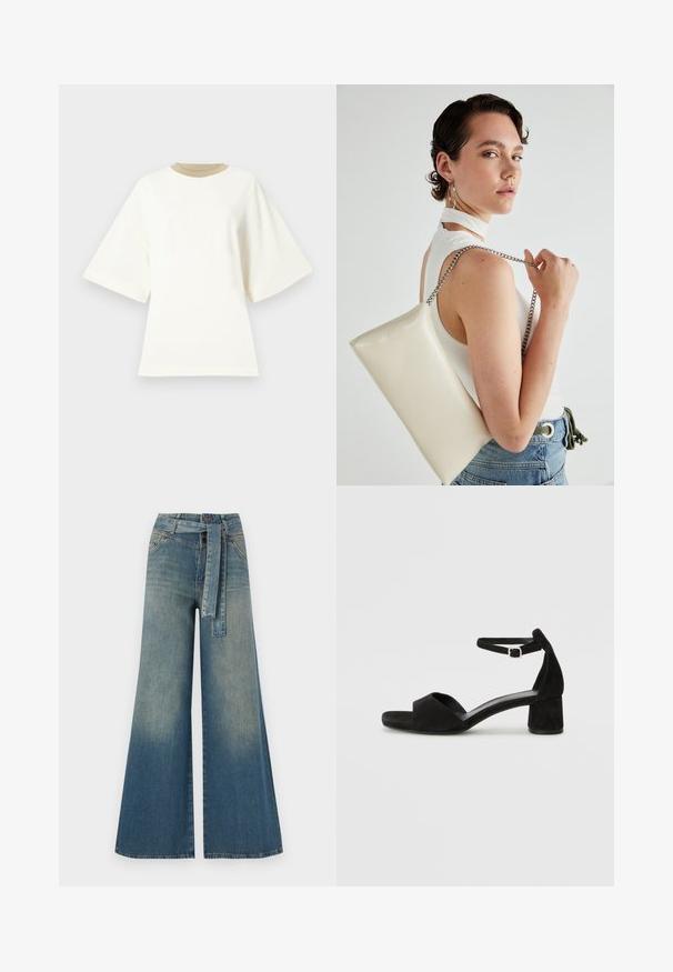 Veľká biela bavlnená tričká s okrúhlym krkom v odtieni piesku a krátkymi rukávmi, so hladkou, jemnou textúrou.; Džínsy s širokými nohavicami, ktoré majú prechod od svetlomodrej po tmavomodrú, vysoký pás, pútka na opasok a opasok z rovnakého materiálu. Textúrovaný denimový povrch.; Čierne semišové sandále na podpätku s tenkým popruhom okolo členku, otvorenou špičkou a skromným blokovým podpätkom. Hladká textúra a minimálne akcenty.; Biely obdĺžnikový kabelka z lesklého materiálu s strieborným reťazovým popruhom. Model predvádza kabelku na jednotnom pozadí.