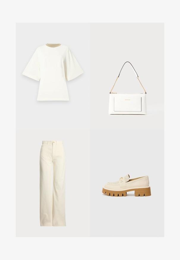 Oversized weißes Baumwoll-T-Shirt mit einem gerundeten, beigen Halsausschnitt und kurzen Ärmeln, das eine glatte, weiche Textur aufweist.; Polo Ralph Lauren COTTON CORDUROY WIDE-LEG PANT - Stoffhose - warm white; Beige Slipper mit einem strukturierten cremefarbenen Riemen, ausgestattet mit einer markanten braunen Sohle mit zahnartigen Mustern. Goldakzent an der Schnallen-Detail.; Weißes Lederhandtasche mit strukturierter Oberfläche, ausgestattet mit einem goldenen Kettenriemen und schwarzen Akzenten. Enthält eine Fronttasche und einen Reißverschluss.