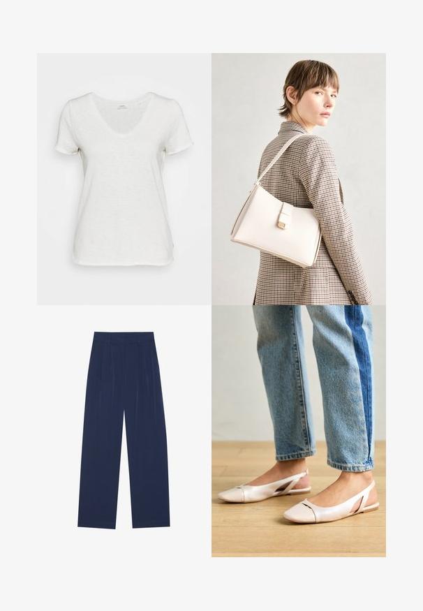 Balta V-veida T-kreklā, izgatavots no mīksta, teksturēta auduma. Īsas piedurknes un brīvs piegriezums, bez redzamām rakstām vai akcentiem.; Tumši zili platleņķa bikses, kas izgatavotas no mīksta auduma, ar priekšējo krokām, gludu tekstūru un taisnu piegriezumu bez redzamām kabatām.; Bālti rozā siksniņu dzīvokļi ar smailu purngalu, izgatavoti no gludas ādas līdzīgās materiāla. Iezīmē izgriezumu detaļas sānos un platu papēdi.; Balta ādas rokassoma ar strukturētu dizainu, kurai ir magnētiska aizdare un plecu josta, parādīta uz neitrāla fona.