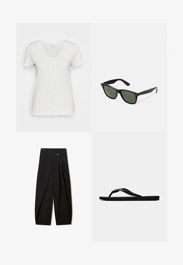 Weißes V-Ausschnitt-T-Shirt aus weichem, strukturiertem Stoff. Kurze Ärmel und eine lockere Passform ohne sichtbare Muster oder Akzente.; Schwarze, weite Hose aus glattem Material, ausgestattet mit vorderen Falten, einem Knopfverschluss und einem maßgeschneiderten Design für eine strukturierte Silhouette.; Schwarze Gummi-Flip-Flop-Sandale mit einem strukturierten Riemen und einfacher flacher Sohle, von der Seite auf einem schlichten hellen Hintergrund dargestellt.; Schwarze Plastiksonnenbrille mit grünen Gläsern, quadratischen Rahmen, silbernem Akzent auf der Augenbraue und strukturierten Bügeln. Angegebene Marke auf dem inneren Bügel.
