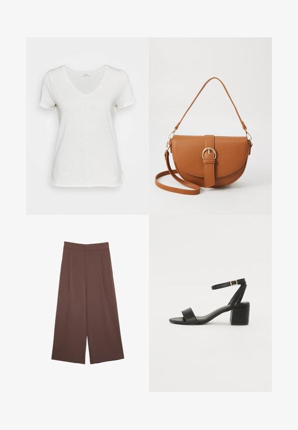 Bílý tričko s výstřihem do V vyrobené z měkké, strukturované látky. Krátké rukávy a volný střih bez viditelných vzorů nebo akcentů.; Hnědé široké kalhoty s hladkou texturou, vysokým pasem a předními záhyby. Materiál je lehký a volně splývá.; Černé sandály na vysokém podpatku s hladkým koženým svrškem, otevřenou špičkou, širokými předními pásky a nastavitelným páskem kolem kotníku se zlatou přezkou.; Hnědá kožená křížová taška s zakřiveným tvarem, zlatými detaily a akcentem s přezkou. Obsahuje odnímatelný popruh na rameno.