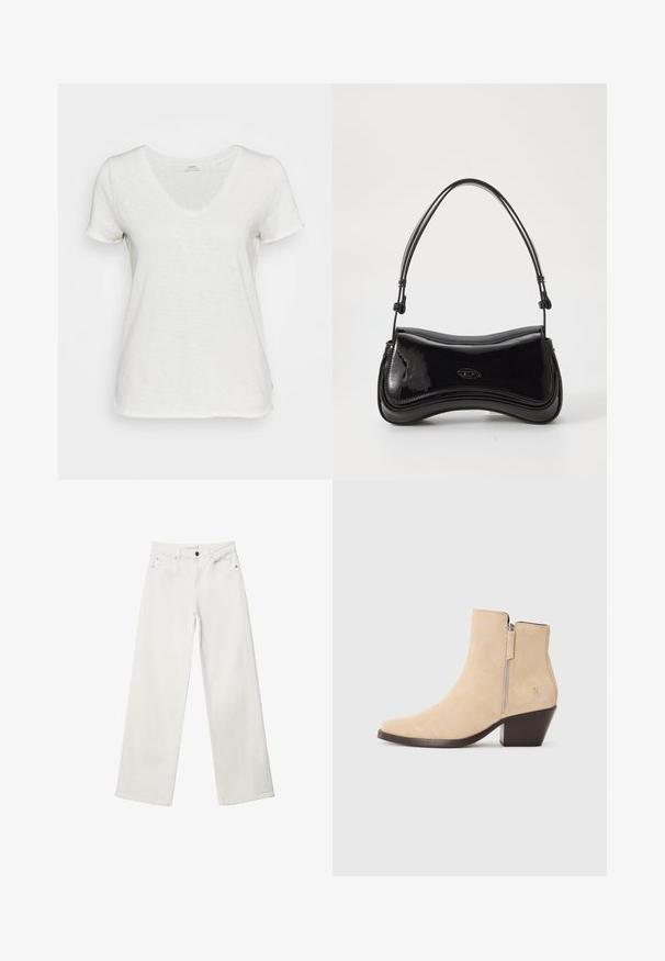T-shirt bianco a V realizzato in un tessuto morbido e testurizzato. Maniche corte e una vestibilità comoda senza motivi o dettagli visibili.; Jeans bianchi a gamba larga in denim, caratterizzati da un'alta vita, design a cinque tasche e chiusura con bottone metallico. Tessuto liscio, senza fantasie.; Stivale alla caviglia in suede beige con cerniera laterale e tacco stack nero, mostrato in profilo su uno sfondo bianco.; Borsa a mano in pelle verniciata nera con forma curvilinea, una maniglia singola e fondo arrotondato. Presenta un sottile dettaglio del logo sul davanti.