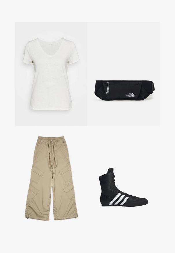White V-neck t-shirt made from soft, textured fabric. Short sleeves and a relaxed fit with no visible patterns or accents.; Beige cargo pants with a drawstring waist, multiple side pockets, and a relaxed fit. Made of lightweight, smooth fabric with stitching details.; Black high-top athletic shoe with a textured fabric upper, featuring three white stripes and a laced front design. Flat rubber sole at the base.; The North Face SUNRISER RUN BELT UNISEX - Bum bag - black/white