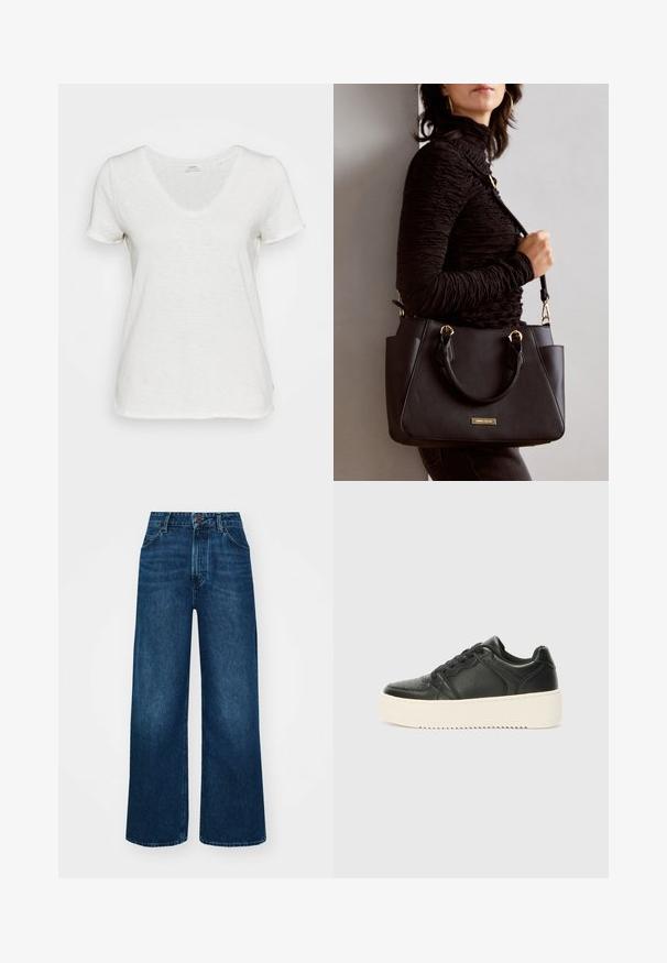 Fehér V-nyakú póló, puha, textúrált anyagból készült. Rövid ujjak és laza fazon, látható minták vagy kiegészítők nélkül.; Magas derekú, széles szárú farmernadrág sötétkék denimből, sima tapintással, kontrasztos varrással és öt zsebes kialakítással. Elöl gombos záródás.; Fekete bőr sportcipő sima felülettel, vastag krémszínű talppal, kerek orral és klasszikus fűzős kialakítással. Finom varrási részletek.; Fekete kézitáska texturált felülettel, dupla felső fogantyúval és állítható vállpánttal. Arany színű fém kiegészítők és oldalsó zsebek találhatók rajta.