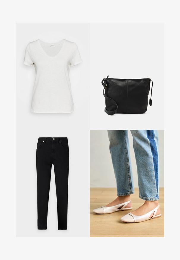 T-shirt branco em V, feito de tecido macio e texturizado. Manga curta e um corte descontraído, sem padrões ou detalhes visíveis.; Jeans de ganga preta com um corte slim, apresentando um fecho frontal por botão, passantes para cinto e design clássico de cinco bolsos. Textura suave.; Sapatilhas slingback de cor rosa pálido com bico fino, feitas de um material semelhante a couro liso. Apresentam detalhes recortados nas laterais e um salto plano.; Mala de ombro em couro preto com forma plana, detalhes em metal dourado e alça ajustável. Textura suave com detalhes de costura mínimos.